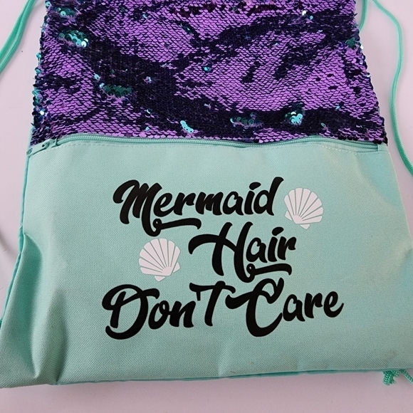 NWT Mermaid Hair Dont Care Sequins Aqua Purple Drawstring Backpack - Picture 4 of 7